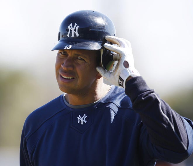 New York Yankees third baseman Alex Rodriguez removes his batting helmet before a spring training baseball game against the Toronto Blue Jays at Steinbrenner Field in Tampa, Fla., Saturday, March 6, 2010.