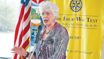 Judy DiGregorio tells the Oak Ridge Rotary Club how she became a writer during the club’s luncheon on Thursday.