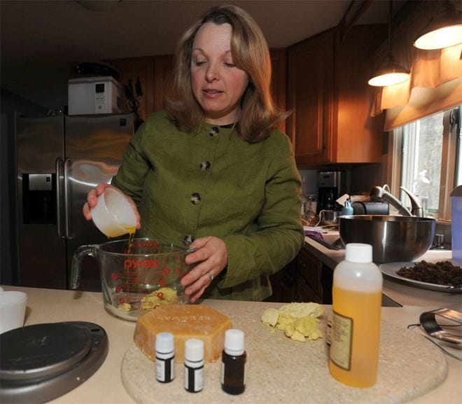 Sonja Sheasley of Mashpee, founder of the body product line Aroma Waves, mixes jojoba oil with shea butter to create a cream to help ease dry winter skin. She also adds pure-grade rose essential oil to the mix.