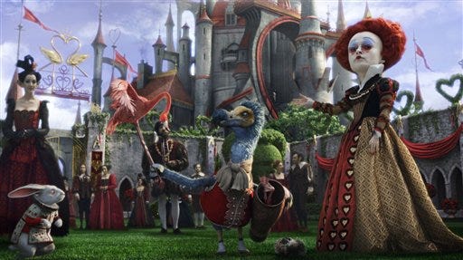 In this file film publicity image released by Disney, Helena Bonham Carter is shown in a scene from the film, "Alice in Wonderland."