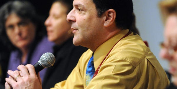 Steven Barthold-Rivera, a faculty co-sponsor of the Stroudsburg High School Gay Straight Alliance, speaks on a panel at the Pocono Community Theater on Saturday, March 13, 2010, after a showing of the film, ìOut in the Silence,î written and produced by Pennsylvania native Joe Wilson to explore homophobia and the limitations of religion, tradition and small communities.