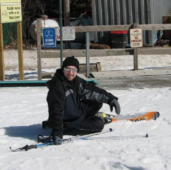 Fred Harwood of The Standard-Times finds a safe position while learning to ski at Wachusett Mountain ski area in Princeton.