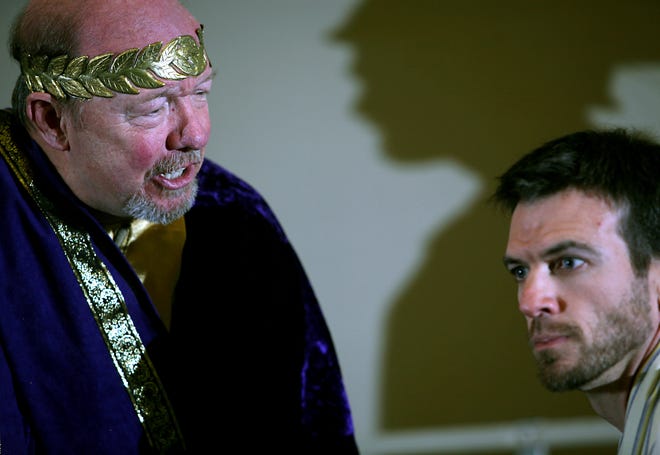 Pontius Pilate, portrayed by Johnny Trusley, talks with Jesus, portrayed by Greg Waggoner, during a rehearsal for "A Resurrection Dream" Dinner Theatre at First Baptist Church in Moore. Photo by John Clanton