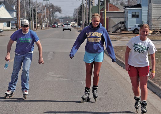 Mike Suriano of the Sault enjoyed a spin around town with Kelsey Green and Marrisa Bulzan of Attica as the recent warm weather has encouraged people to catch a few rays while participating in activities that normally aren’t available at this time of the year.