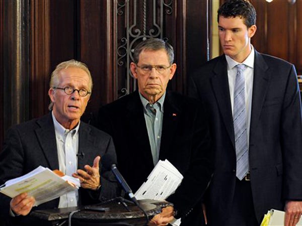 From left, attorney Jeff Anderson, Tom Doyle and attorney Mike Finnegan discusses Catholic Church records concerning sexual misconduct allegations during a news conference at Anderson Law Offices in St Paul, Minn., Thursday, March 25, 2010.