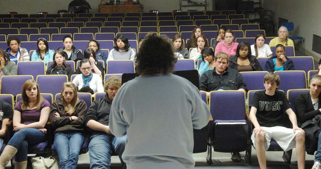 A client of New Horizons Community Support Services who wanted to remain anonymous told her story of dealing with mental health issues to an audience at Hickman High School Thursday. The session was among the Reality Week events meant to educate students on the risks of drugs and alcohol.