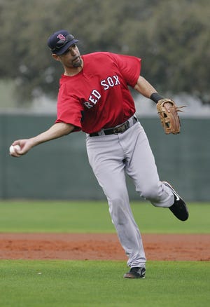 Boston Red Sox third baseman Mike Lowell throws during baseball spring training in Fort Myers, Fla., Wednesday, Feb. 24, 2010.(AP Photo/Nati Harnik)
