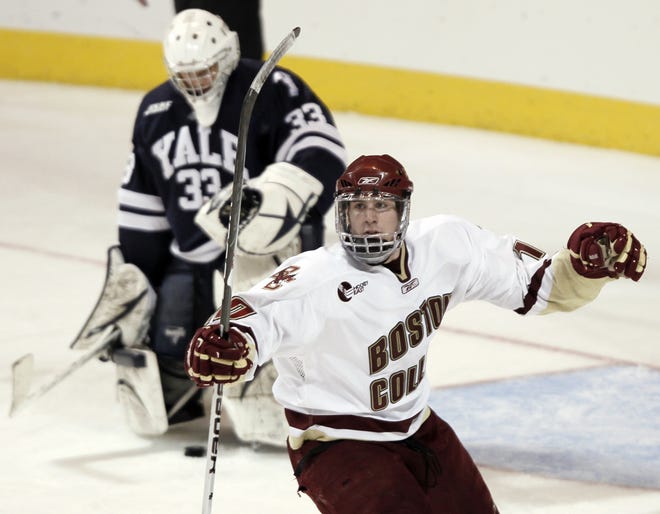 Boston College's Jimmy Hayes celebrates after scoring his second goal during the Eagles' 9-7 win over Yale.