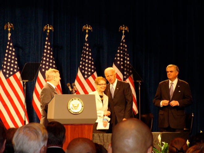 From left: U.S. Sen. Dick Durbin, Center for Prevention of Abuse head Martha Herm, U.S. Vice Presdient Joe Biden and U.S. Secretary of Transportation Ray LaHood gather on the stage.