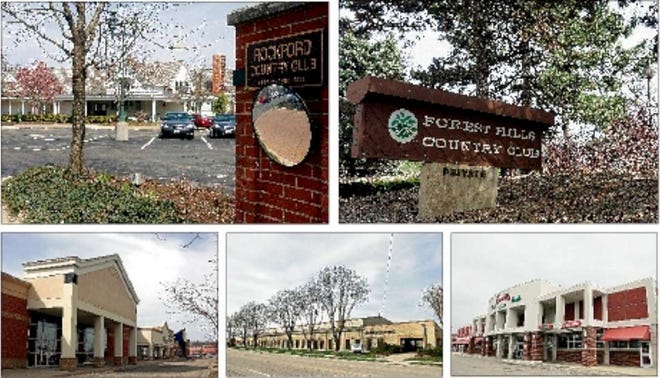 Rockford Country Club (top left) and Forest Hills Country Club, Rockford Crossing retail center (bottom left), Warner Electric and Familia Fresh Foods received the top five largest tax assessment reductions for 2009.