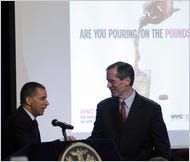 Gov. David A. Paterson and Dr. Richard F. Daines, the health commissioner, at a forum on the effects of beverages with sugar.