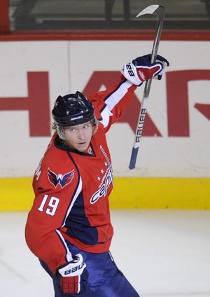 Washington's Nicklas Backstrom celebrates after scoring during the first period of the Capitals' 3-2 overtime win over the Bruins.