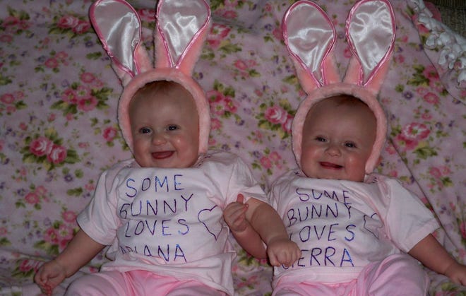 These cute twin bunnies are Ariana and Sierra Croteau of Rutland. Their grandmother is Deb DeMichele of Framingham.
