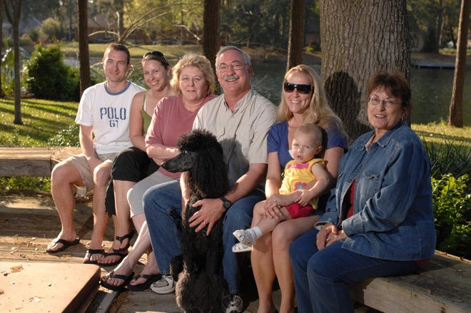 Staff Sgt. Randall Powell, center sits with his dog Nemo, wife Rolanda, left, friends from Germany Simone Haefner and Christian Forster, far left, daughter Cindy Fowler, right, grandaughter Kayla Fowler and mother Donna Powell all of whom gathered at the family's Tilahi Island home to welcome the reservist and Savannah-Chatham Metro Police officer home from a year-long deployment to Iraq. (John Carrington/Savannah Morning News)
