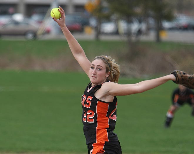 Taunton pitcher Colleen Kirby goes into her windup during Tuesday's game against Brockton at Brockton High School.