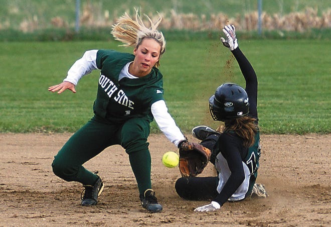 Corning West's Victoria Blaker steals second ahead of the throw to Southside's Morgan Brojakowski.