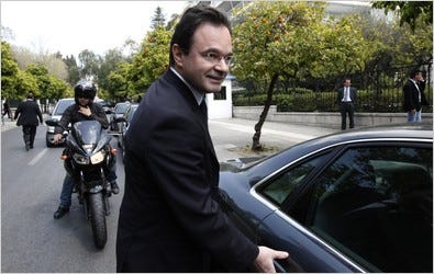 Finance Minister George Papaconstantinou of Greece after a meeting with Prime Minister George A. Papandreou in Athens on Friday.