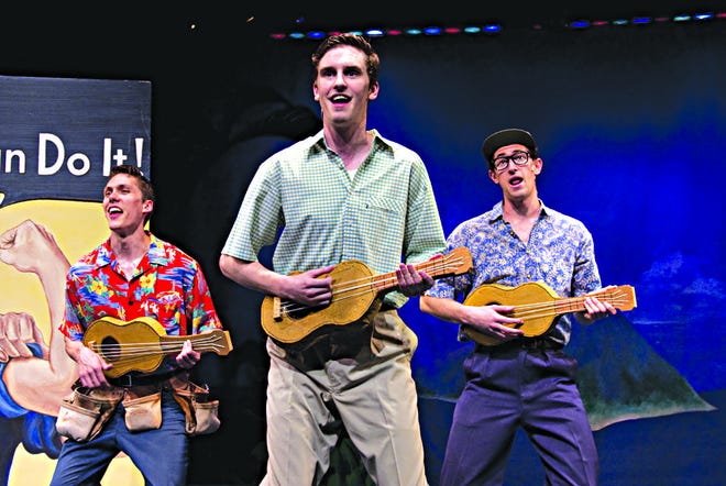 Jeff Deards, left, Greg Kenna and Mitch Lewis star as three USO stagehands 
in "The Andrews Brothers."
PHOTO PROVIDED BY GOLDEN APPLE DINNER THEATRE