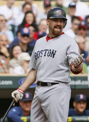 Red Sox first baseman Kevin Youkilis disagrees after bring called out on strikes during yesterday's 8-0 loss to the Twins.