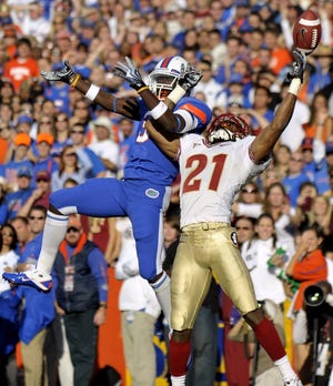 Florida State cornerback Patrick Robinson (right) breaks up a pass intended for Florida's Chris Rainey in the end zone during their game in November 2009. Robinson is likely to become the first Seminoles player selected in the first round of the draft since 2007.