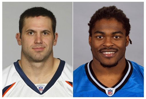 NFL football players Tony Scheffler, left, and Ernie Sims are shown in 2009 file photos. The Philadelphia Eagles have dealt this year's fifth-round pick to Denver, which is sending tight end Tony Scheffler to the Detroit Lions, who will trade linebacker Ernie Sims to Philly. The Eagles announced the three-way deal in a statement Monday, three days before the NFL draft. Scheffler is a 2001 graduate of Chelsea High School and was born in Morenci.