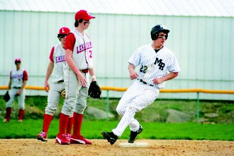 Monmouth-Roseville's Nick McGlaughlin pulls up at second base during the Titans game with Lewistown.