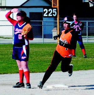 Morgan Stempky rounds second after hitting a triple in the Chiefs doubleheader sweep of Boyne City on Thursday.