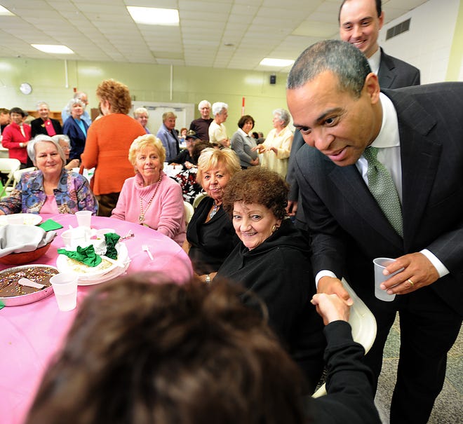 DAILY NEWS PHOTO BY ALLAN JUNG
22 april 2010 thur w/ evan lips story
 Annual Senior Conference at Assabet Valley Technical High School
Governor Deval Patrick and Sen. Jamie Eldridge (back) make the handshaking rounds during the luncheon.