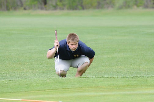 Madison’s Dan Carson lines up a shot on hole No. 3 during Friday’s Tri-County Conference jamboree at Raisin Valley.