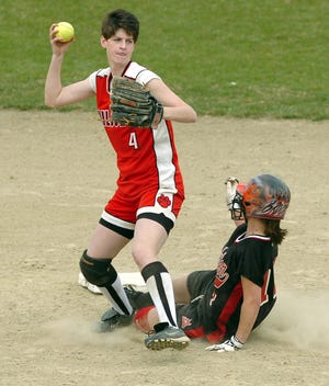 Milton’s Kelly Fahey nails Brockton’s Alexandria Gusting at second base and turns toward first trying to turn a double play.