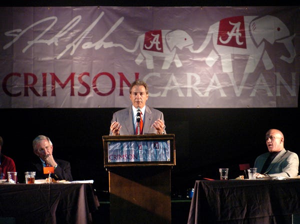 Alabama football coach Nick Saban speaks at the Crimson Caravan event Monday at Center Stage in Rainbow City.