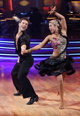 Jake Pavelka, left, and his partner Chelsie Hightower perform on the celebrity dance competition series, "Dancing with the Stars, " on Monday, April 26, 2010.