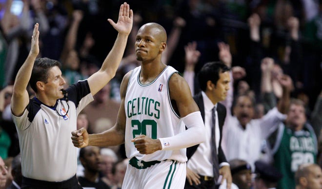 Celtics guard Ray Allen pumps his fist after hitting a 3-pointer during the second half of Tuesday's Game 5 of their first-round playoff series in Boston.