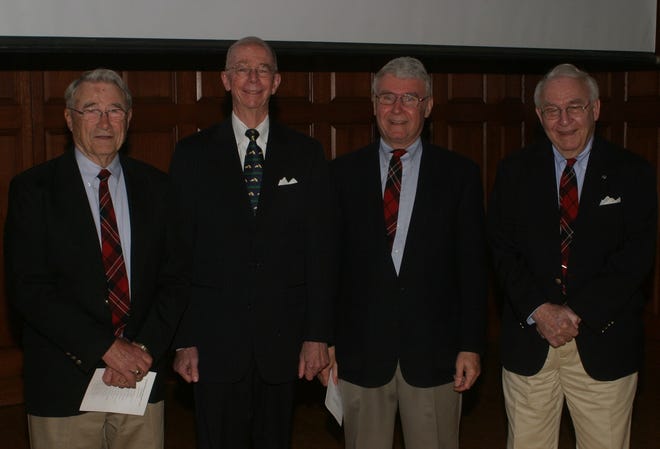 John Courson, second from left, president and CEO of the Mortgage Bankers Association, is pictured with Monmouth College alumni Ralph Whiteman ’52, Dick Whiteman ’64 and Don Whiteman ’49, the three brothers who created MC’s Wendell Whiteman Memorial Lecture Series in honor of their father, a member of the Class of 1927 and a long-time executive of Security Savings Bank in Monmouth.
