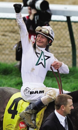 Calvin Borel reacts after riding Super Saver to victory during the 136th Kentucky Derby horse race at Churchill Downs on Saturday in Louisville, Ky.