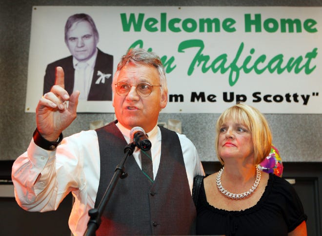 James A. Traficant Jr., who served 17 years in Congress, and his wife, Tish, talk to friends at the Jim Traficant Appreciation Dinner in Boardman last September. People in Northeast Ohio are watching to see if the former congressman, who spent seven years in federal prison for corruption, will try to stage an unprecedented political comeback.