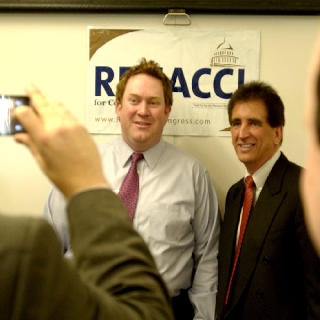 Jim Renacci (right) one of four Republicans seeking the nomination for Ohio’s 16th District congressional seat, stands with Jackson Township resident Mike Morrison during a campaign stop. Morrison wants to see U.S. Rep. John Boccieri defeated in November and believes Renacci is the best candidate for the job.