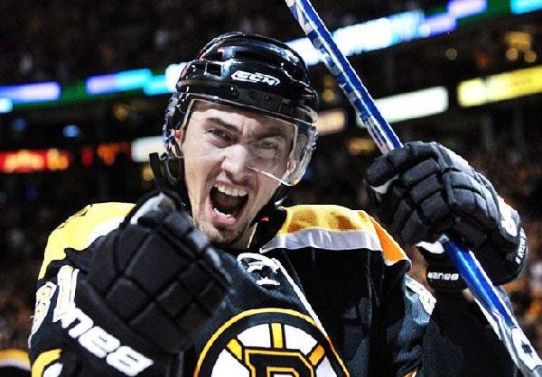 The Bruins' Miroslav Satan is pumped up after scoring a second-period goal against the Flyers in Game 1 on Saturday.