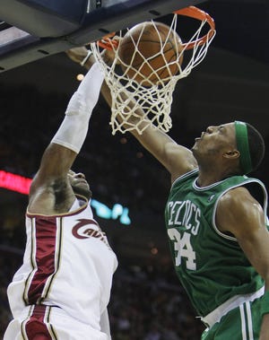 Paul Pierce (right) and the Celtics need to do a better job in the second half tonight against Mo Williams and the Cavaliers than they did on Saturday when Cleveland came back on Boston to take Game 1 of their playoff series.