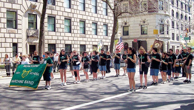 Submitted Photo
 The Hopatcong High School Marching Band performs in the 2009 Greek Parade in New York City. Support for the band has been eliminated from next year's school budget.