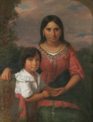 This portrait, titled 'Pocahontas and her son Thomas Rolfe,' may be misnamed. Historical writer Bill Ryan has found evidence that the picture actually depicts the wife and son of Seminole Chief Osceola.