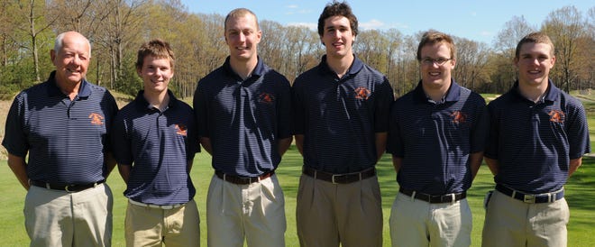 Contributed/Hope College
The Hope College men's golf team of, from left, coach Bob Ebels, Andy Thomson, Chris Ansel, Charles Olson, Steven Strock and Nicholas Campbell will start the NCAA Division III Championships Monday.