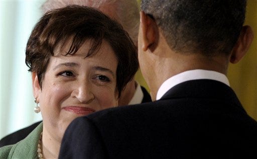 Solicitor General and Supreme Court nominee Elena Kagan looks to President Barack Obama as she speaks during and an announcement in the East Room of the White House in Washington, Monday, May 10, 2010.