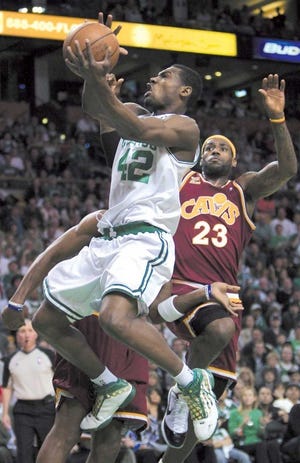 Boston guard Tony Allen (left) drives past Cleveland forward LeBron James during the first half of Game 4 Sunday in Boston.