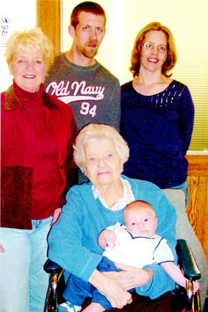 Seated: 
Great-great grandmother Helen Hanauer with Brian Michael Hays. Standing from left: Great grandmother Barbara Lankford, father Michael Hays and grandmother Lisa Hays.
