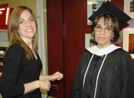 Juliette Heslam, left, with her mother, Cynthia Heslam of Braintree, before Wednesday's commencement for graduate student at Bridgewater State College. Cynthia Heslam was awarded a master's degree in English. Last month earned an award for a piece of nonfiction she wrote that is featured in this year's edition of "The Bridge," the college's journal of literature and art.