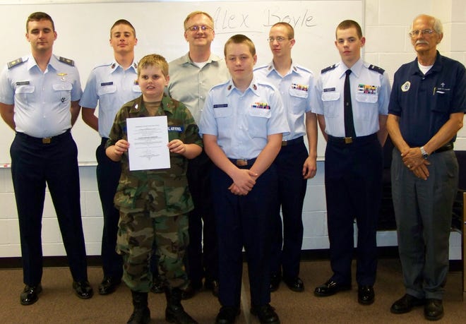 The Effingham Civil Air Patrol Squadron was recently recognized by the Fremont Civics Foundation. Pictured, left to right, are: (back row) Senior Member Maj. Carl Godbee, Cadet Randal Scott, guest speaker Aleq Boyle, Cadets Benjamin Ginn, David Twibell and Senior Member George Lanier. (Front row) Cadets Paul Steven Lanier and Edward Sanders. (Special to Effingham Now)