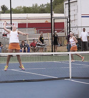 Sturgis’ third doubles team of Sami Setterblad (front) and Meredith Donmyer went 2-1 on Saturday at the SMAC?tournament.