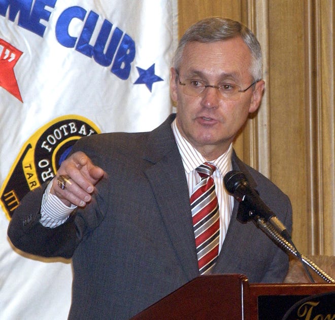 OSU Head Coach Jim Tressel was able to adapt to his audience during Monday's Hall of Fame Luncheon Club address.