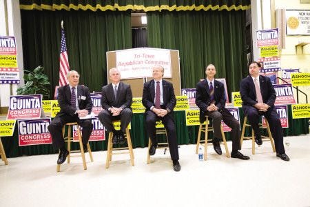 Five candidates for Congress sit at the Tri-Town Republican Committee forum held at North Hampton Elementary School on Tuesday, May 18, 2010. The candidates are, from left, Peter Bearse, Sean Mahoney, Bob Bestani, Rich Ashooh, and Frank Guinta. Scott Yates photo.